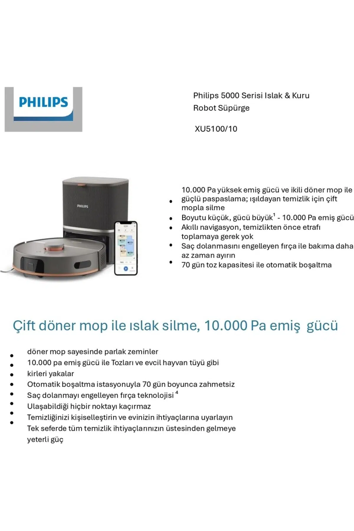 Philips HomeRun 5000 Serisi Siyah Çöp İstasyonlu Akıllı Robot Süpürge XU5100/10