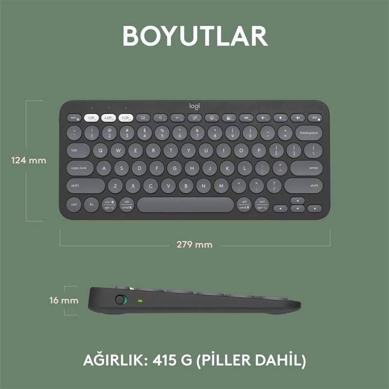 Logıtech K380S Pebble Keys 2 Çoklu Cihaz Özellikli Bluetooth Türkçe Q Klavye Gri 920-011859
