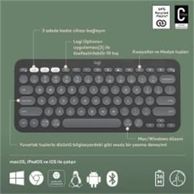 Logıtech K380S Pebble Keys 2 Çoklu Cihaz Özellikli Bluetooth Türkçe Q Klavye Gri 920-011859