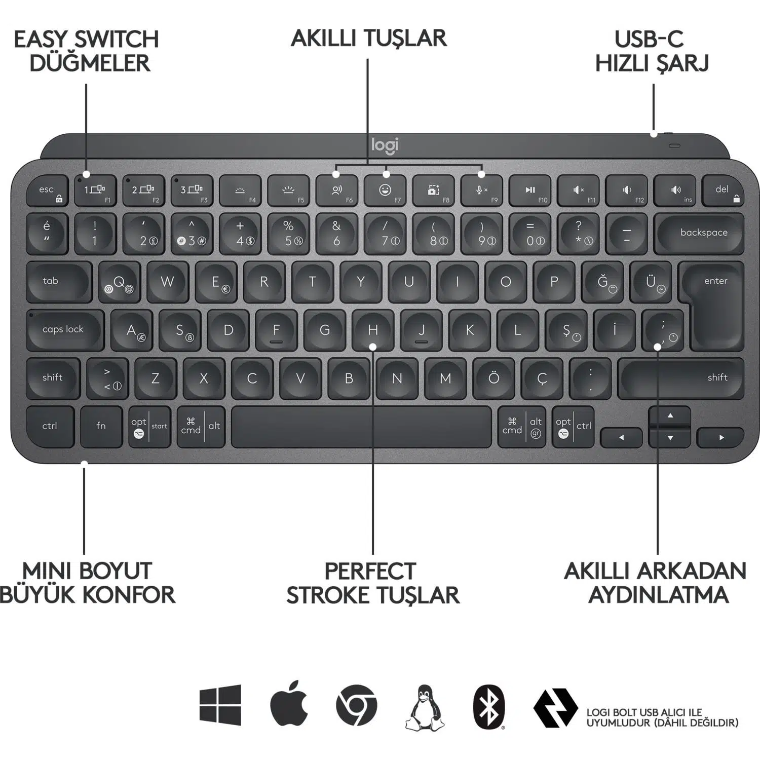 Logıtech Mx Keys Mını Q Tr Klavye Siyah 920-010504