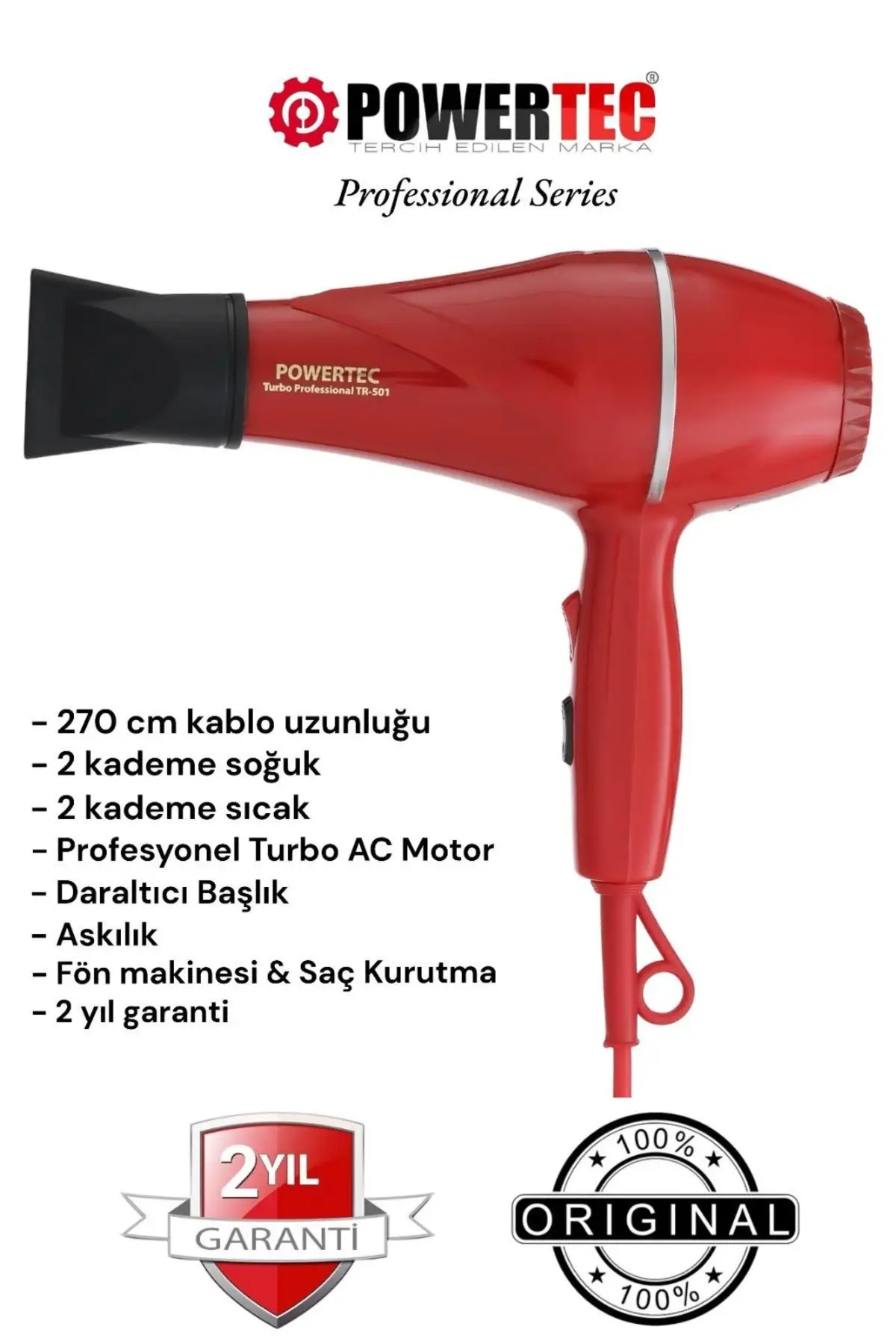 Powertec Turbo Profesyonel 1900 W Fön Makinesi Kırmızı TR-501 