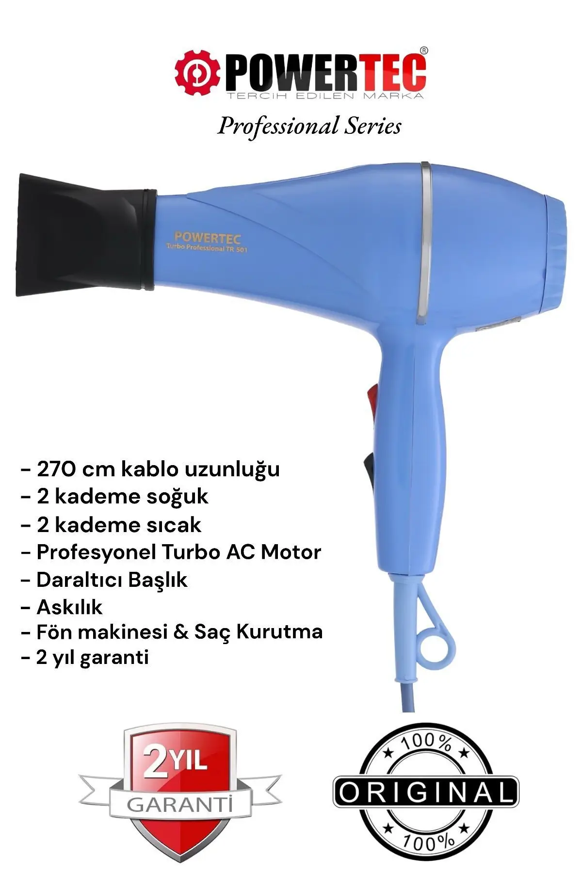 Powertec Turbo Profesyonel 1900 W Fön Makinesi Mavi TR-501 