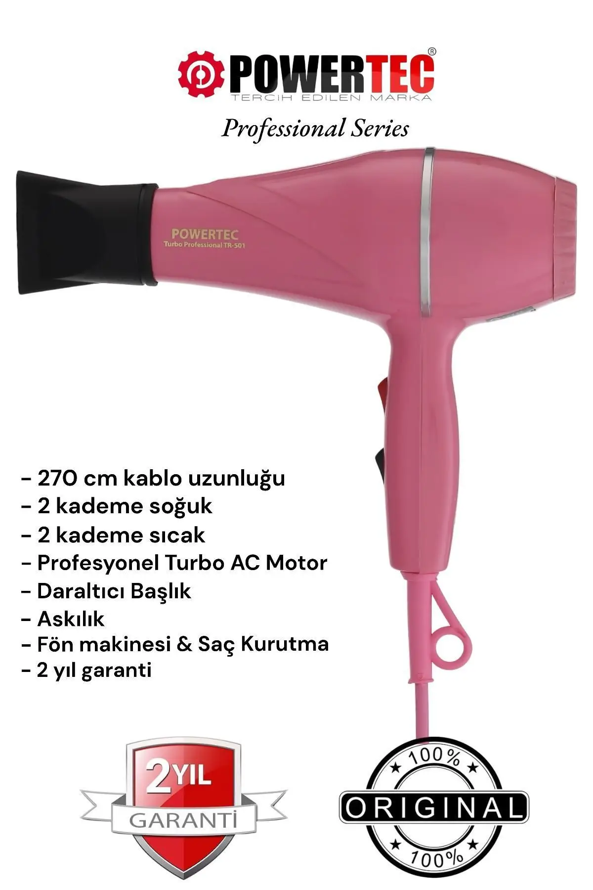 Powertec Turbo Profesyonel 1900 W Fön Makinesi Pembe TR-501 