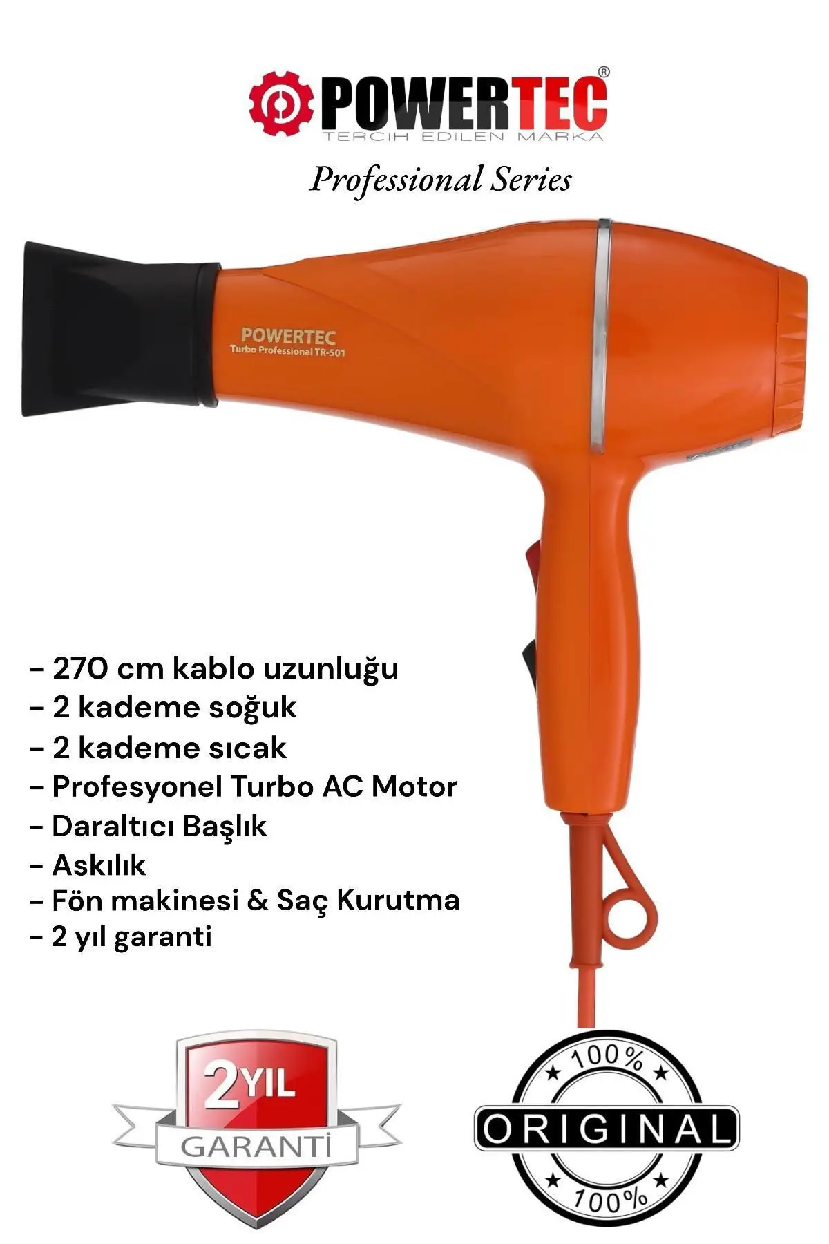 Powertec Turbo Profesyonel 1900 W Fön Makinesi Turuncu TR-501 