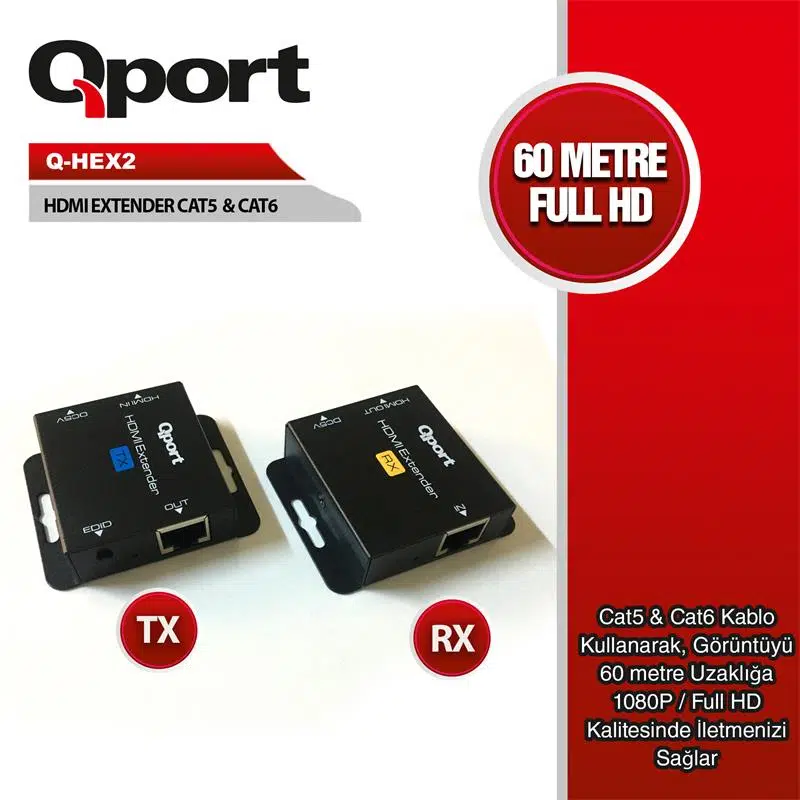 Qport Q-Hex2 Hdmı Extender Cat6 60M 2 Li Paket (Adaptör Dahil)