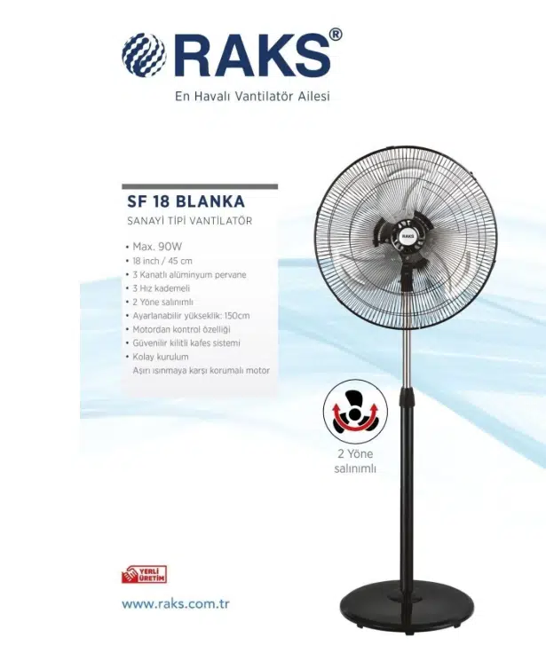 Raks SF 18 Blanka Siyah Sanayi Tipi Vantilatör (OUTLET)