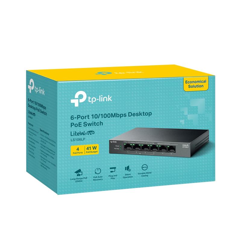 Tp-Lınk Ls106Lp 4 Port 10/100 + 2 Port Rj45 Uplınk 41W 250 Metre Poe Mesafe Metal Kasa Swıtch
