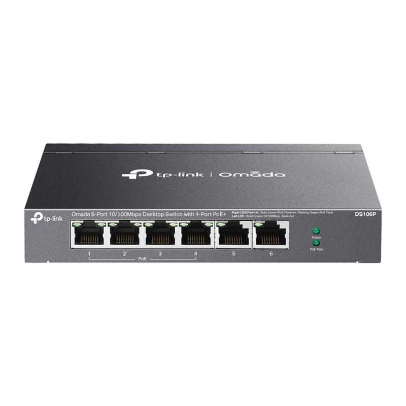 Tp-Lınk Omada Ds106P 4 Port 10/100+2 Port 10/100 Uplınk 67W 250 Metre Poe Mesafe Metal Kasa Swıtch