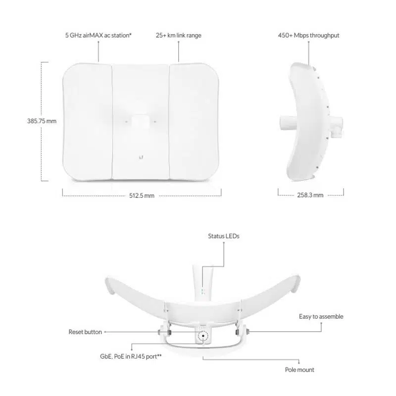 UBIQUITI LBE-5AC-LR 5GHZ 450MBPS 2X2 MU-MIMO 20KM 26DBI PTP/PTPMP DIŞ ORTAM ACCESS POINT