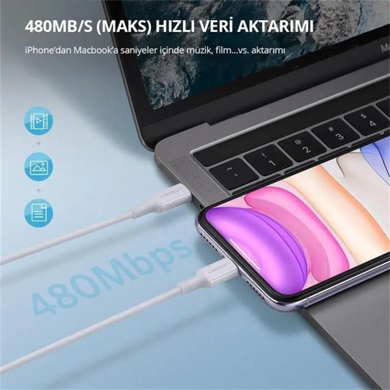 UGREEN TYPE-C TO LIGHTNING 3A PD MFİ SERTİFİKALI HIZLI ŞARJ KABLOSU (10493) 1 MT BEYAZ